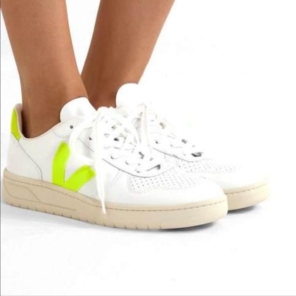 Veja White Sneakers with Neon Yellow V Logo